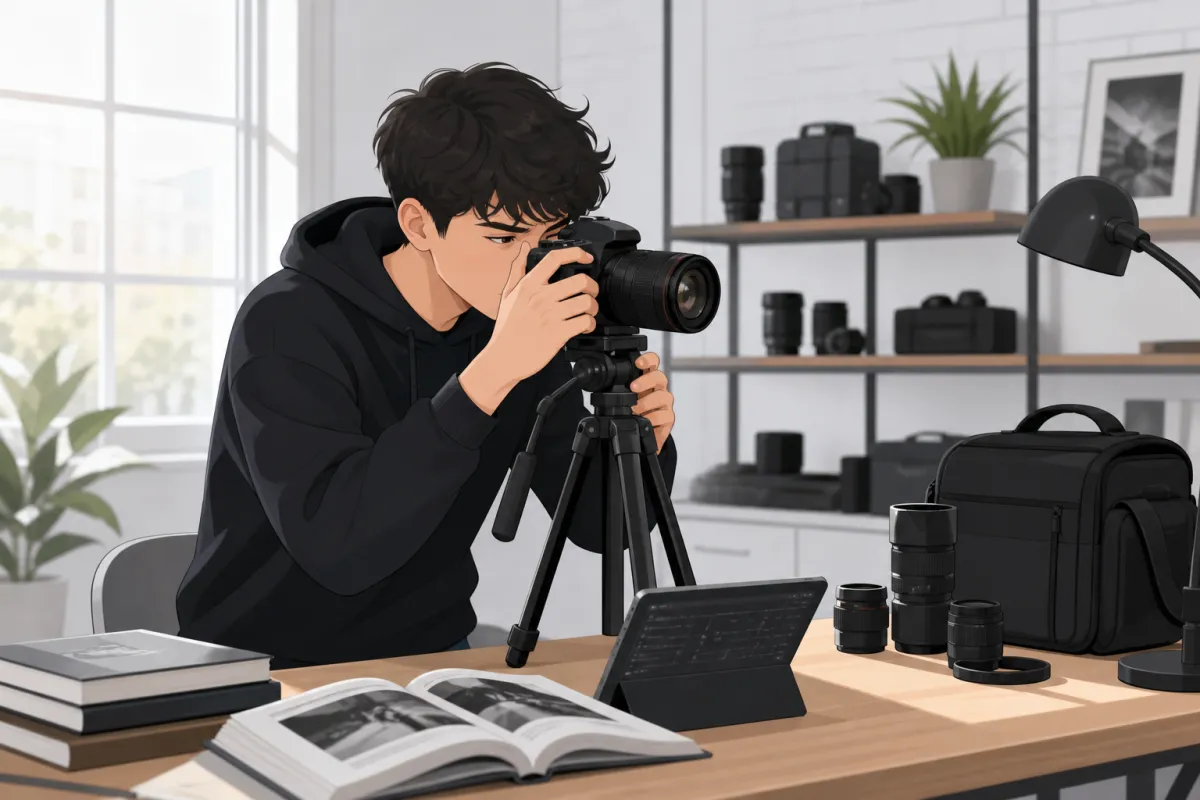 A beginner photographer adjusting a DSLR camera in a bright studio
