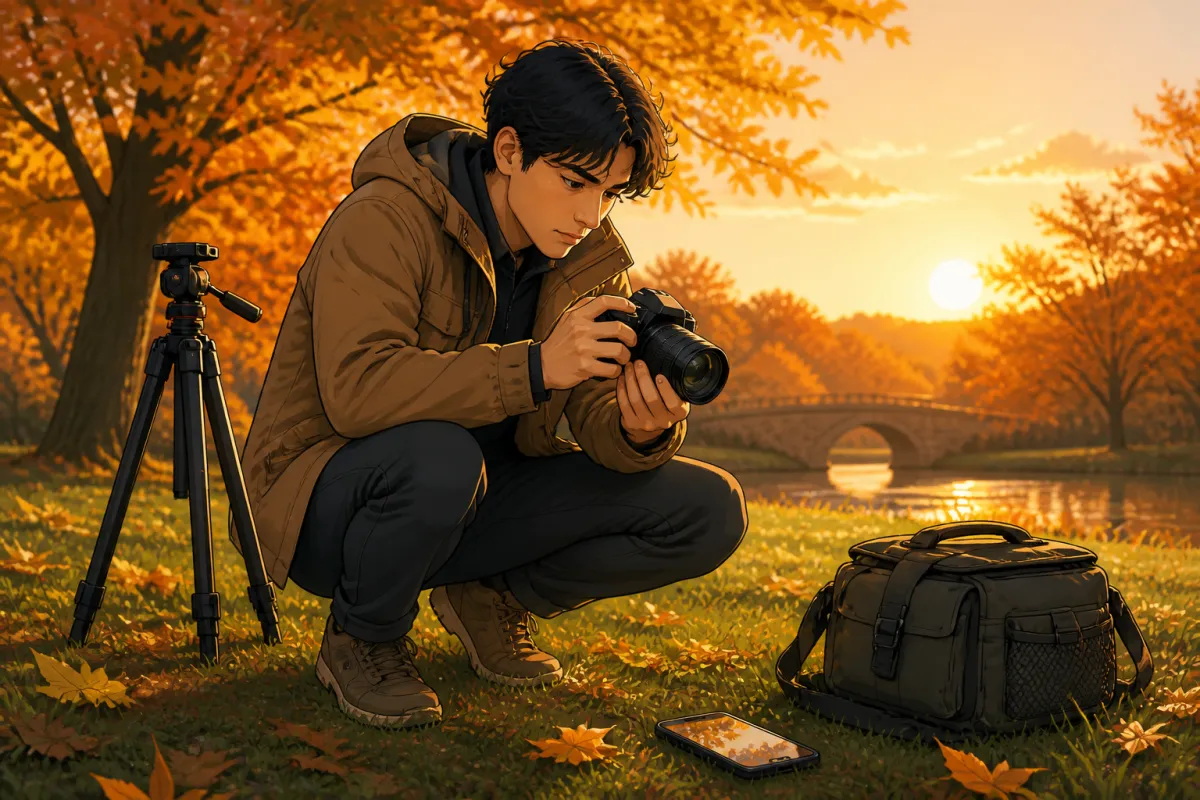 A beginner photographer adjusting a mirrorless camera in a vibrant park.