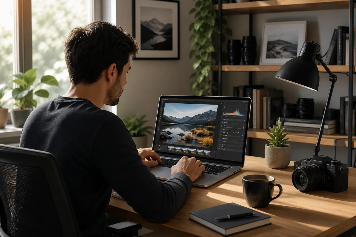 A beginner editing photos on a laptop in a cozy home office setting.